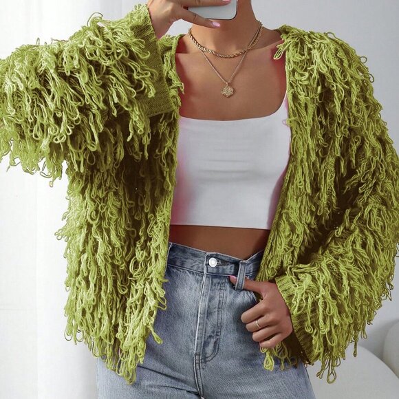 Olive Green Casual Women's Open Front fringe knit sweater Cardigan - Picture 7 of 7